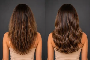 hair k paris lifting therapie avant apres cheveux secs brillance miroir - Hair K Paris Avant après du soin capillaire Lifting Thérapie Hair K Paris pour cheveux secs, ternes et difficiles à coiffer avec brillance intense, souplesse et aspect visiblement plus sain.
