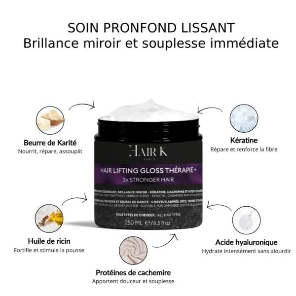 masque lissant cheveux abimes hair k paris 1 - Hair K Paris Ingrédients masque lissant soin profond cheveux abîmés à normaux Hair K Paris lifting gloss therapy actifs acide hyaluronique et kératine