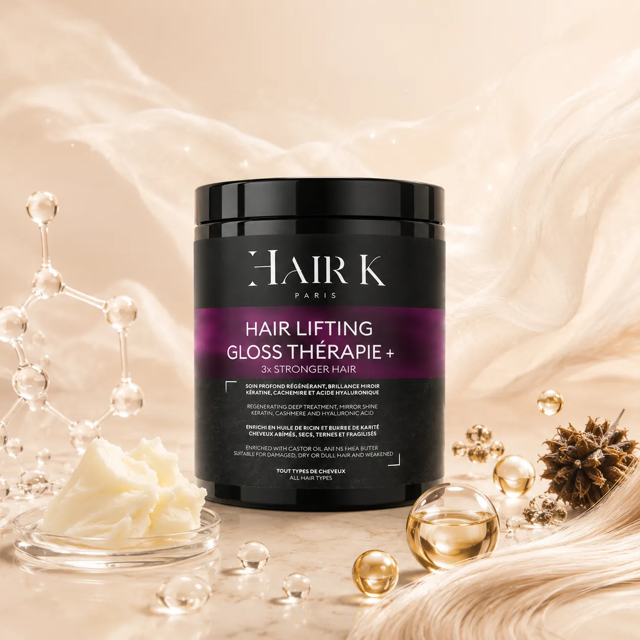 masque regenerant cheveux lisser brillants - Hair K Paris Masque Hair Lifting Gloss Thérapie+ Hair K Paris enrichi en kératine, cachemire, acide hyaluronique, huile de ricin et beurre de karité dans un univers premium nude beige