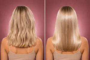 hair k paris avant apres lissage indien cheveux blonds anti frisottis - Hair K Paris Avant après du lissage indien Hair K Paris sur cheveux blonds. Réduction des frisottis, fibre lissée, toucher soyeux et brillance intense pour une chevelure parfaitement maîtrisée.