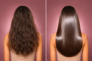 Avant après du lissage indien Hair K Paris sur cheveux bruns. Chevelure indisciplinée et gonflée transformée en cheveux lisses, brillants, souples et faciles à coiffer.