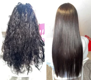 Photo avant après d’une cliente ayant réalisé le lissage indien Hair K Paris, transformation de cheveux bouclés et volumineux en cheveux lisses, brillants et disciplinés.