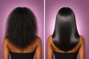 hair k paris lissage indien cheveux afro avant apres brillance miroir - Hair K Paris Avant après d’un lissage indien Hair K Paris sur cheveux afro, transformation d’une chevelure volumineuse et texturée vers des cheveux lisses, brillants, disciplinés et sans frisottis.