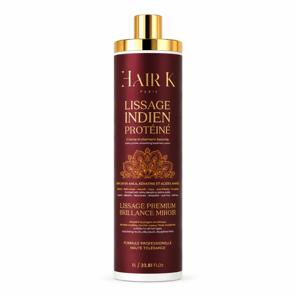 Lissage indien professionnel Hair K Paris pour réduire les frisottis, lisser les cheveux et apporter une brillance miroir longue durée.