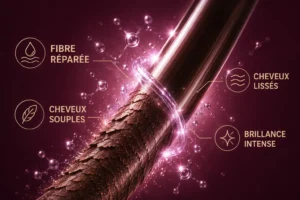 Illustration 3D de la fibre capillaire réparée par le Lissage Indien Hair K Paris. Cheveux lissés, souples, brillants et protégés grâce à une action réparatrice intense de la fibre capillaire