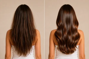 Résultat avant après du soin capillaire Lifting Therapy+ Hair K Paris sur cheveux secs, ternes et frisottants devenus lisses, brillants et disciplinés