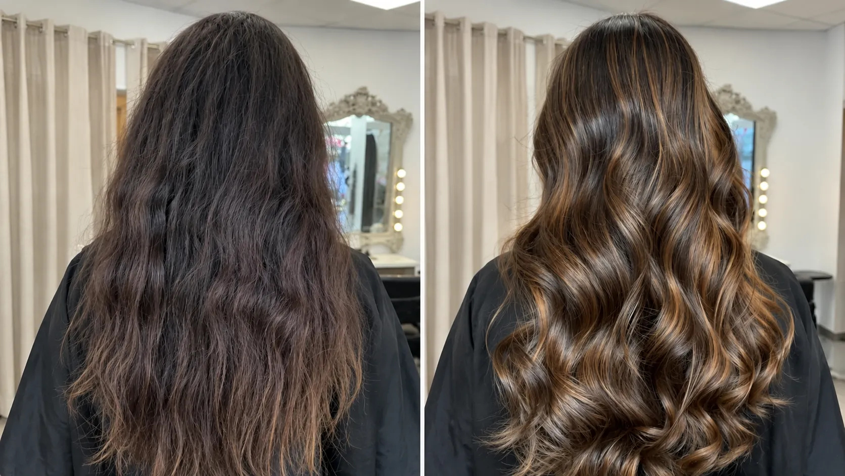 Avant après sur cheveux abîmés visiblement réparés avec la routine Renaissance