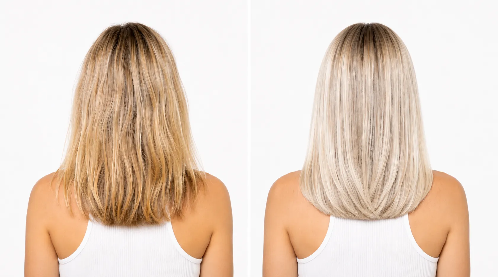Avant après sur cheveux blonds avec des reflets jaunes neutralisés par la routine Glow Blond