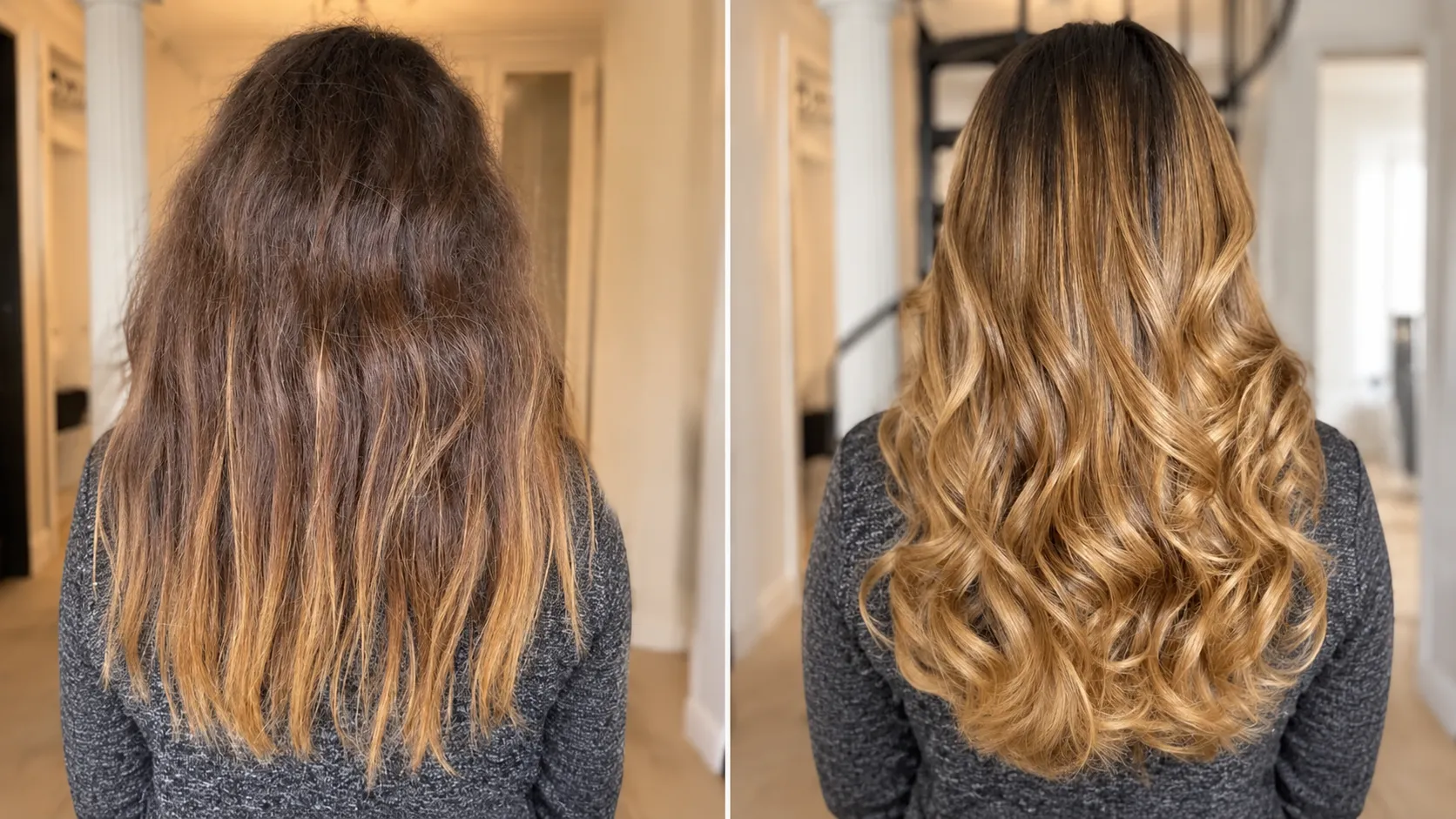 Résultat avant après de la routine Renaissance sur des cheveux fragilisés et cassants