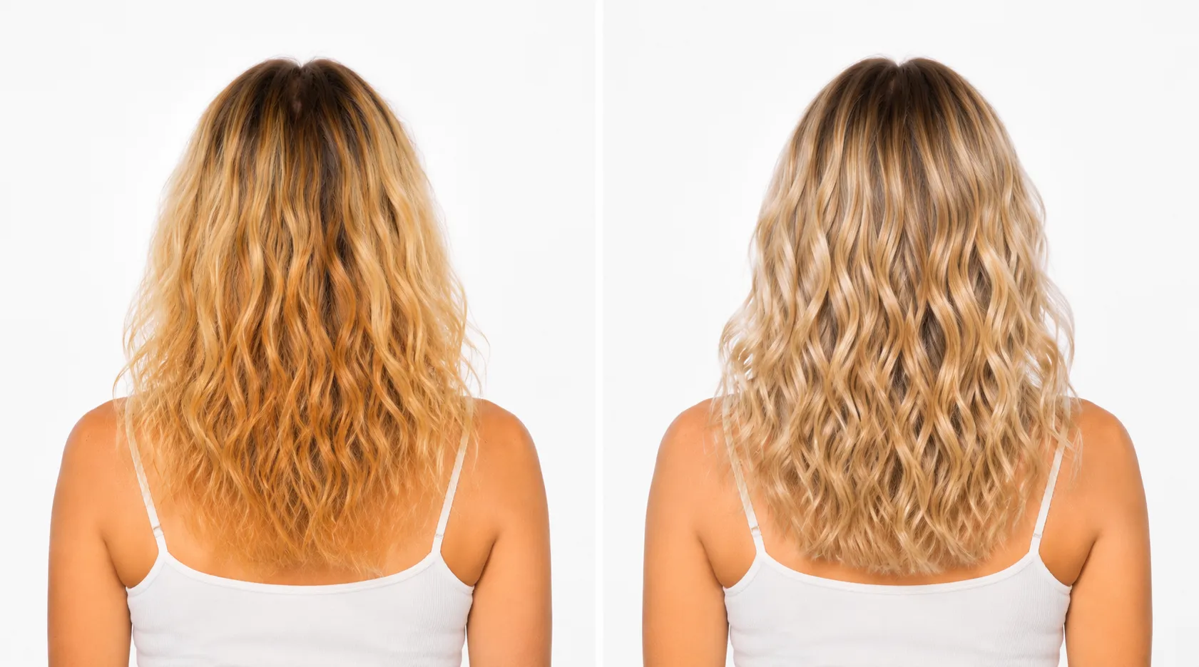 Résultat avant après du shampoing violet Glow Blond sur des cheveux blonds